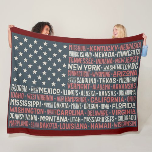 Vintage Faded American Flag State Names Words Art Fleece Blanket