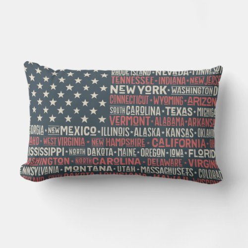 Vintage Faded American Flag State Names Words Art Lumbar Pillow