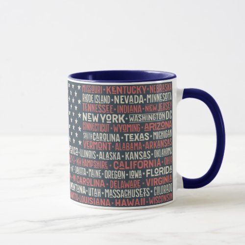 Vintage Faded American Flag State Names Words Art Mug