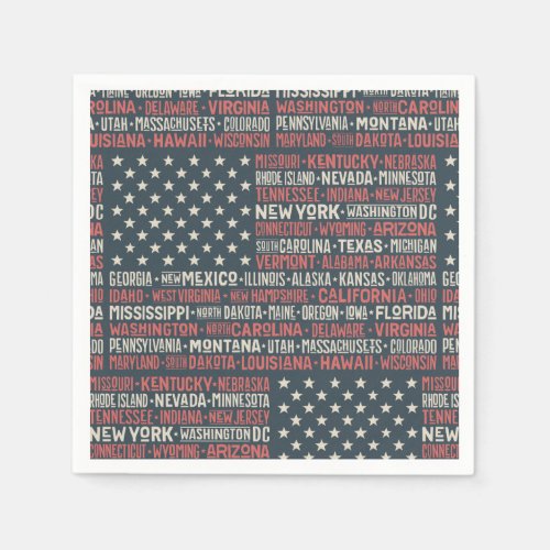 Vintage Faded American Flag State Names Words Art Napkins