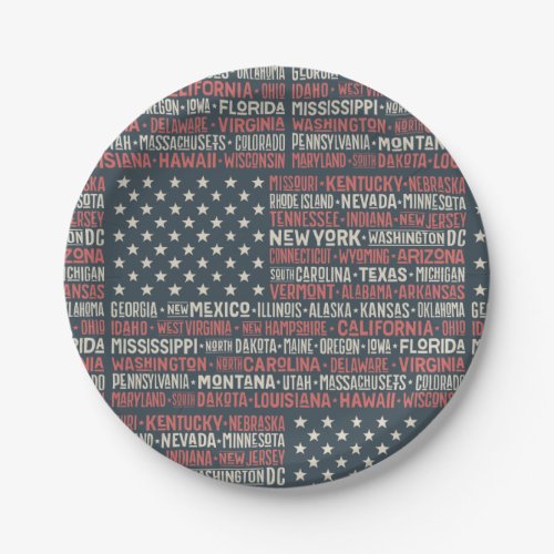 Vintage Faded American Flag State Names Words Art Paper Plates