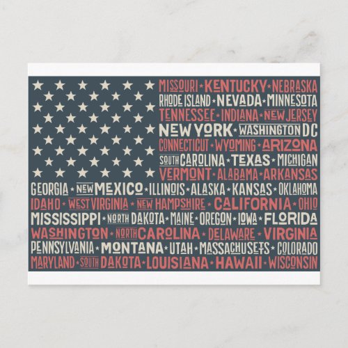 Vintage Faded American Flag State Names Words Art Postcard