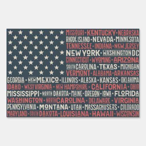 Vintage Faded American Flag State Names Words Art Sign