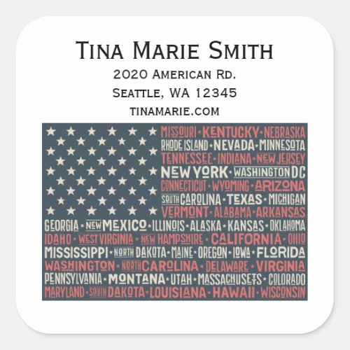 Vintage Faded American Flag State Names Words Art Square Sticker