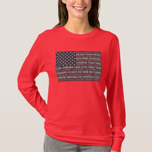 Vintage Faded American Flag State Names Words Art T_Shirt