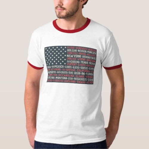 Vintage Faded American Flag State Names Words Art T_Shirt