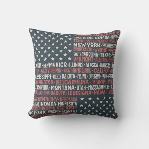 Vintage Faded American Flag State Names Words Art Throw Pillow