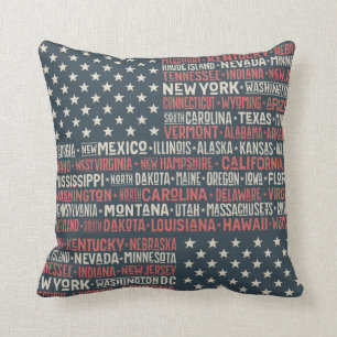 Vintage Faded American Flag State Names Words Art Throw Pillow
