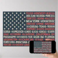 Vintage Faded American Flag State Names Words Poster