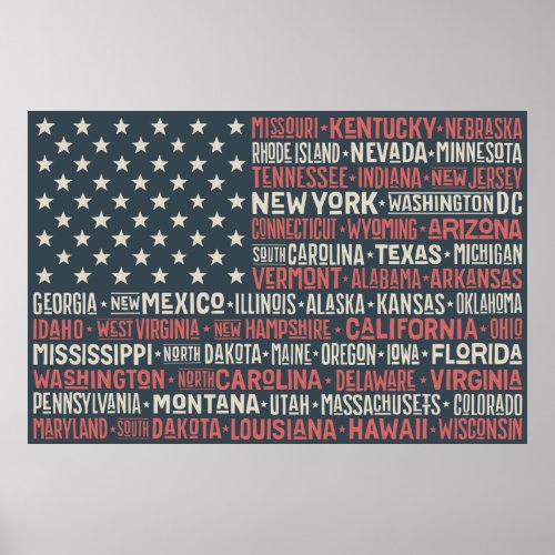 Vintage Faded American Flag State Names Words Poster