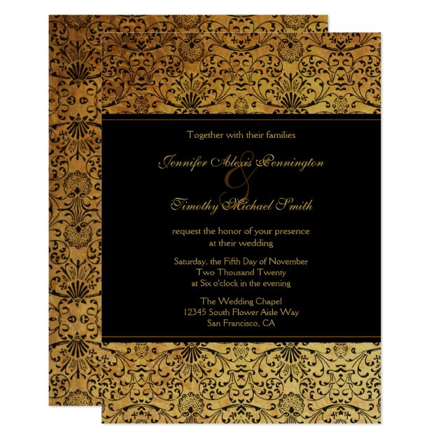 Vintage Faded Black Gold Damask Wedding Invitation