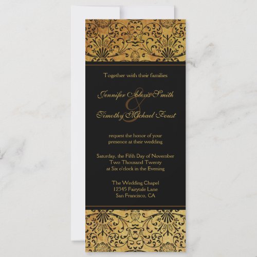 Vintage faded black gold damask wedding invitation