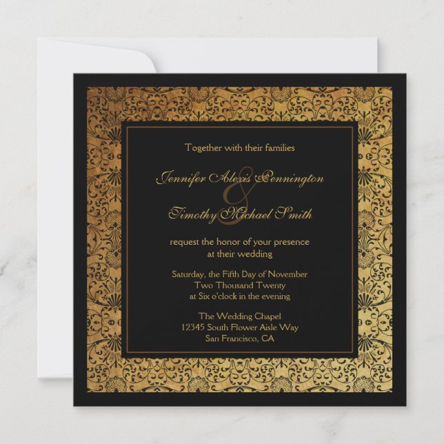 Vintage faded black gold damask wedding invitation (Front)