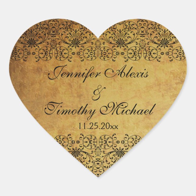 Vintage faded black gold damask wedding stickers (Front)