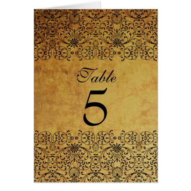 Vintage faded black gold damask wedding table card (Front)