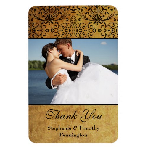 Vintage faded black gold damask wedding thank you magnet