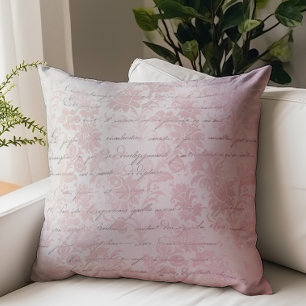 Vintage Faded Floral French Handwriting Pink Throw Pillow