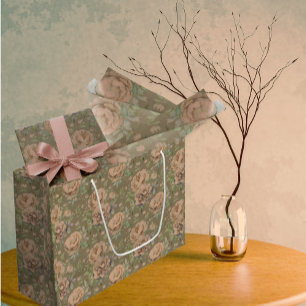 Vintage Faded Peachy Pink Roses Dusty Green  Large Gift Bag