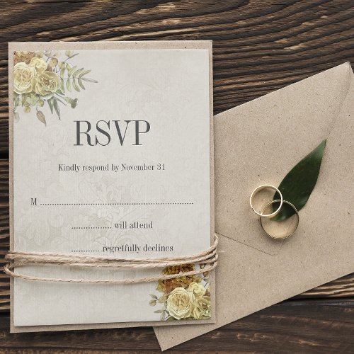 Vintage Faded Wallpaper and Gold Roses Wedding RSVP Card