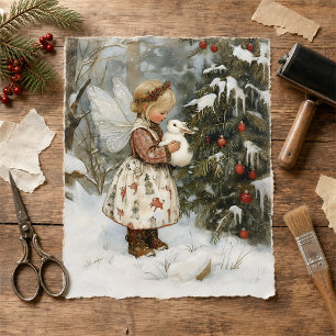 Vintage Fairy and Bunny by Christmas Tree in Snow Tissue Paper