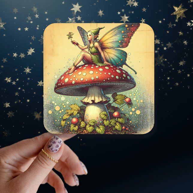 Vintage Fairy and Mushrooms   Square Sticker (Creator Uploaded)
