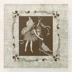Vintage Fairy & Bird Glass Coaster