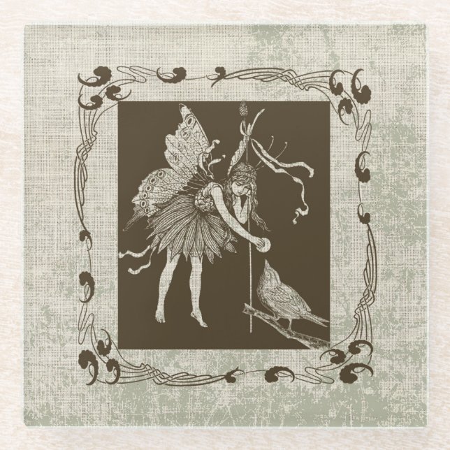 Vintage Fairy & Bird  Glass Coaster (Front)