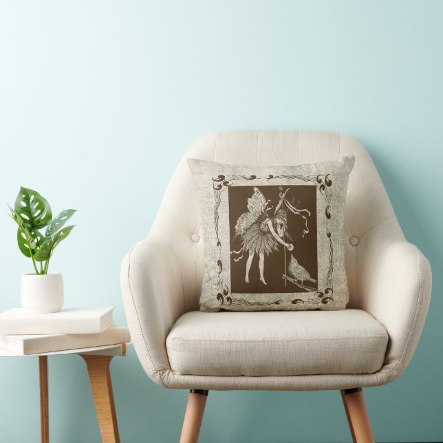Vintage Fairy & Bird Throw Pillow (Chair)