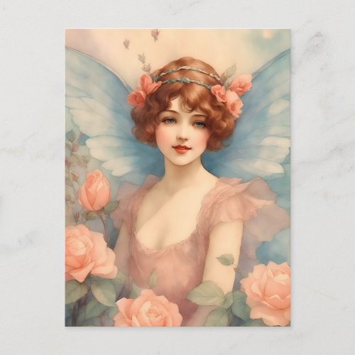 Vintage Fairy in Rose Garden Postcard