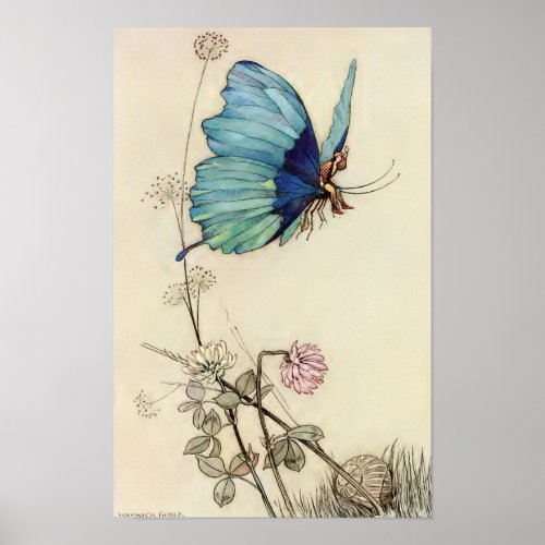 Vintage Fairy Nursery Art Fairy Rides a Butterfly Poster