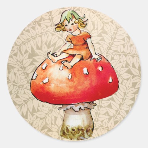 Vintage Fairy On A Mushroom Retro Floral Print Classic Round Sticker
