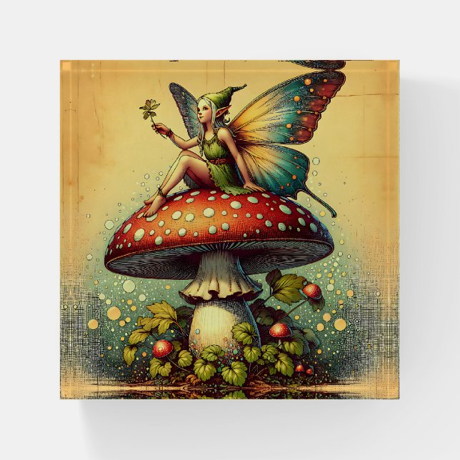 Vintage Fairy on a Retro Mushroom Fairytale Paperweight (Front)