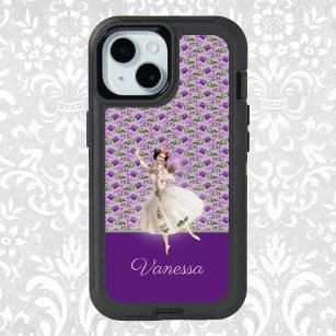 Vintage Fairy on Purple Floral Pattern with Name iPhone 15 Case