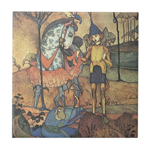 Vintage Fairy Tale A Brave Knight and Dragon Ceramic Tile