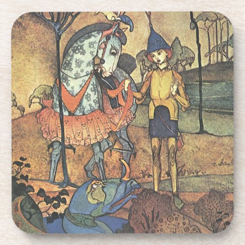 Vintage Fairy Tale A Brave Knight and Dragon Drink Coaster