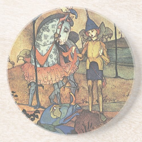 Vintage Fairy Tale A Brave Knight and Dragon Sandstone Coaster