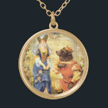 Vintage Fairy Tale, Beauty and the Beast Gold Plated Necklace<br><div class="desc">Vintage illustration classic children's fairy tale love and romance image with Belle (Beauty) a beautiful princess wearing a blue dress and holding pink roses and the Beast (a bear prince charming) kneeling beside her as if about to propose marriage. The couple is standing in a garden in front of the...</div>