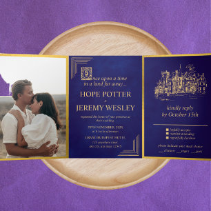 Vintage Fairy Tale Book Gold Purple Velvet Tri-Fold Invitation