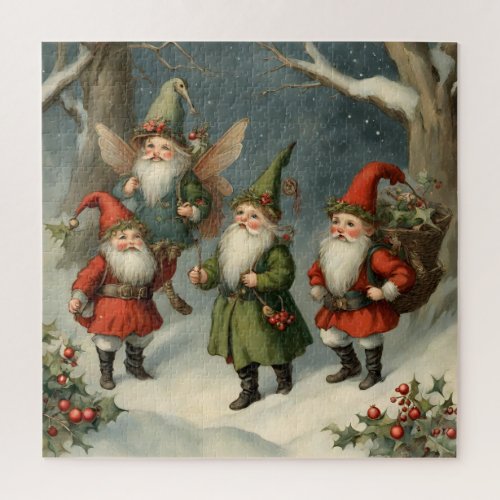 Vintage Fairy Tale Christmas Gnomes in the Forest Jigsaw Puzzle