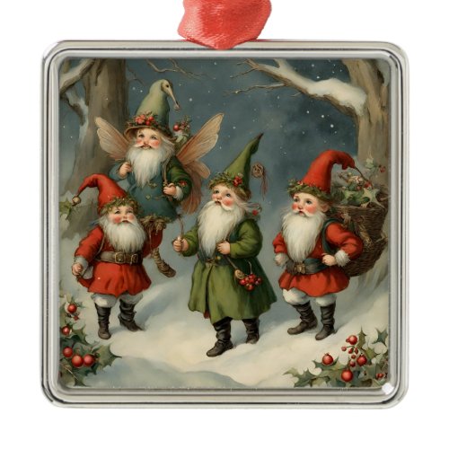 Vintage Fairy Tale Christmas Gnomes in the Forest Metal Ornament