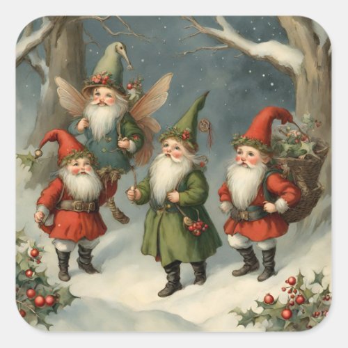 Vintage Fairy Tale Christmas Gnomes in the Forest Square Sticker