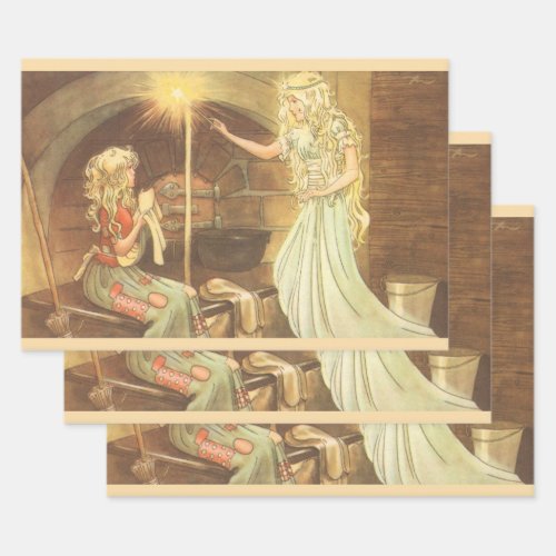 Vintage Fairy Tale Cinderella and Fairy Godmother Wrapping Paper Sheets