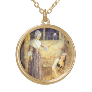 Vintage Fairy Tale Cinderella with Fairy Godmother Gold Plated Necklace