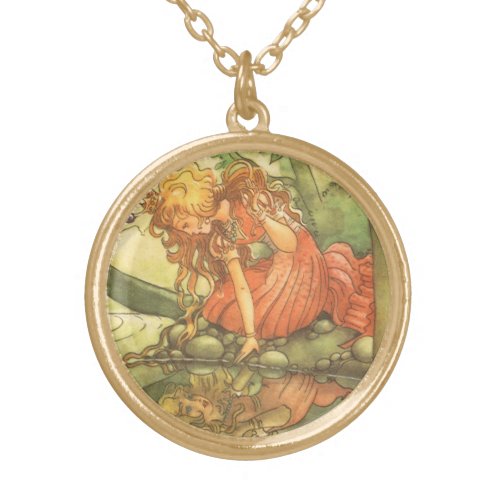 Vintage Fairy Tale Frog Prince Princess by Pond Gold Plated Necklace