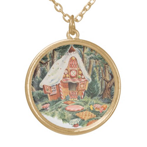 Vintage Fairy Tale Hansel and Gretel Candy House Gold Plated Necklace
