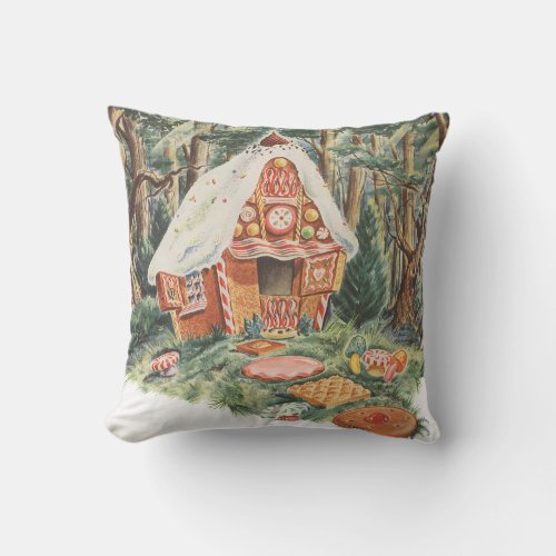 Vintage Fairy Tale Hansel and Gretel Candy House Throw Pillow