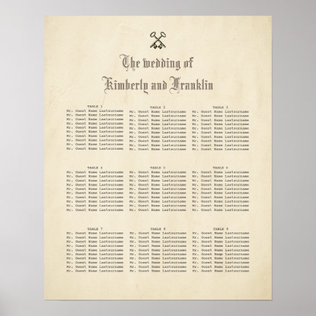 Vintage Fairy Tale Keys Wedding Seating Chart (Front)