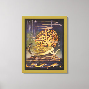 Vintage Fairy Tale, Little Mermaid in Ocean Coral Canvas Print