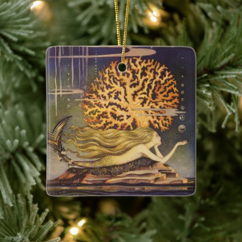 Vintage Fairy Tale, Little Mermaid in Ocean Coral Ceramic Ornament