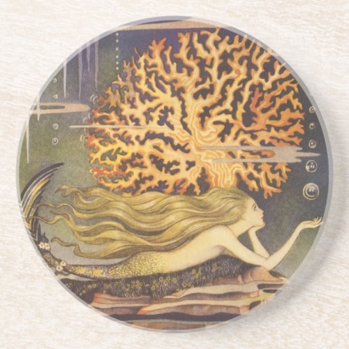 Vintage Fairy Tale Little Mermaid in Ocean Coral Coaster